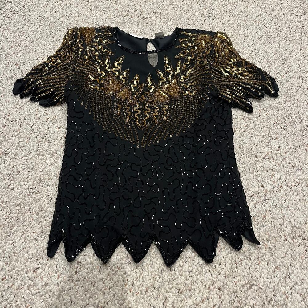 Vintage Denise Elle Silk Beaded Short Sleeve Blouse M Maximalist Evening Party